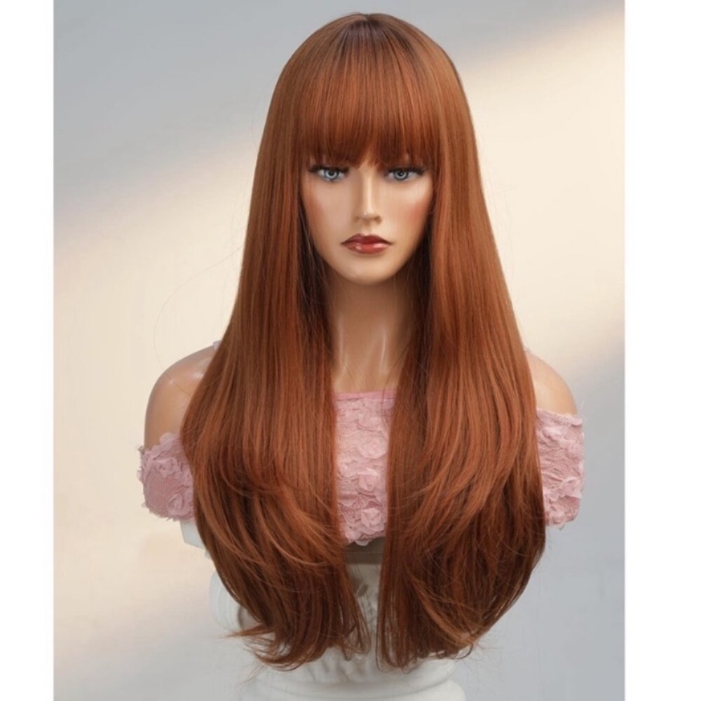 Elegant Auburn Long Hair 26 in Orange Wavy layered Wig. - Picture 1 of 5